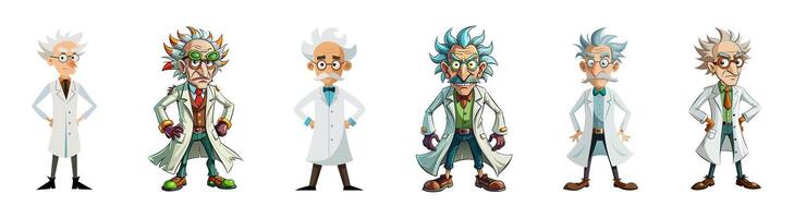 Set of Quirky cartoon mad scientists in lab coats isolated on white background. Concept of eccentric genius, crazy professor, Halloween character, humorous illustration, comic design element. Clip art vector
