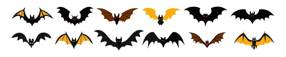 Set of various Black bats with glowing eyes and spread wings isolated on a white background. Concept of nocturnal wildlife, Halloween symbol, minimalist style. Print, icon, design elements. vector