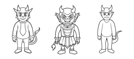 Set of black cartoon devils characters outline isolated on white background. Concept of demon, mythical creature, Halloween theme, whimsical art, coloring page. Print, design element. Clip art vector