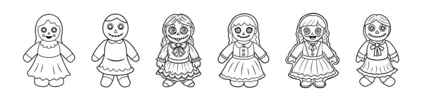 Set of Black outlines of haunted dolls with stitched smile and button eyes isolated on white background. Concept of spooky character, Halloween decoration, rag doll, creepy toy. Clip art vector