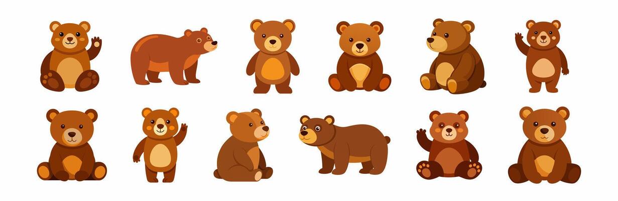 Set of brown toy bears isolated on a white background. Cute cartoon plush bears. Concept of kids toys, childhood, fun, game, playtime. Print, icon, design elements