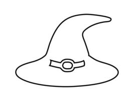 Black outline of a witch hat isolated on a white background. Wizard pointed hat. Concept of Halloween accessory, magic symbol, minimalist style, festive decor. Print, design element, coloring page vector