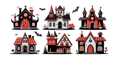 Set of Black haunted houses with red accents and bats isolated on white background. Concept of Halloween, spooky, minimalist style, haunted mansion. Print, design element. Clip art vector