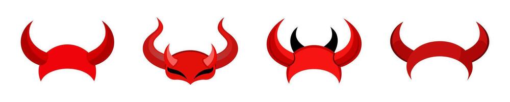 Set of red devil horns with a curved shape design. Demon Horns. Halloween, evil, fantasy, spooky concept. Isolated on white background. Print, design element. vector