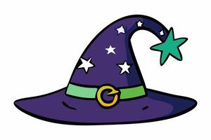 Witch hat isolated on a white background. Wizard pointed hat. Concept of Magic Accessory, Halloween, Fantasy Garment, Colorful Illustration. Print, design element. vector