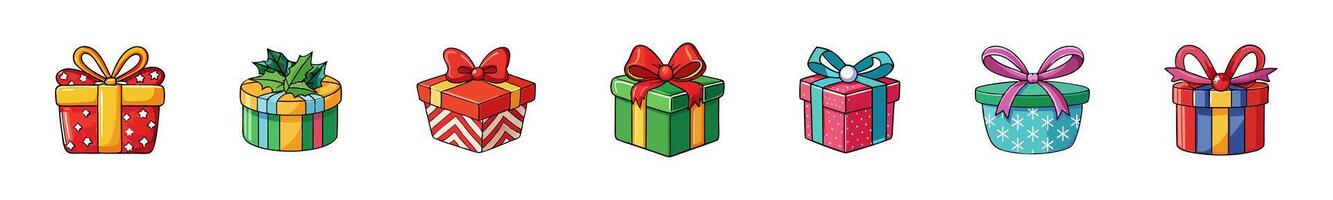 Set of Christmas Gift boxes with ribbons isolated on a white background. Concept of present, celebratory packaging, festive gift, minimalist style. Print, icon, design element. vector