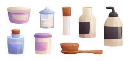 A collection of jars and bottles with soap, shampoo and other beauty and hygiene products. Set of isolated cartoon illustrations. vector