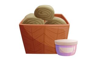 A wicker basket with rolled towels or blankets and a jar of cream. isolated cartoon illustration. vector