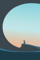 Lonely human silhouette on sunset. Contemplating, meaning of life and loneliness concept. Abstract art. Illustration of modern geometric shapes with gradients, lines, minimalistic man. vector