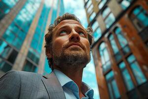 Businessman looking away on building background photo