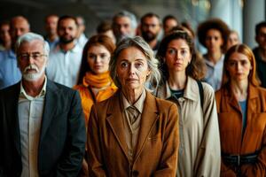 A group of senior business people standing together in a row and looking at the camera. photo