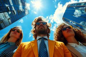 Three young business people in sunglasses on the background of skyscrapers. photo