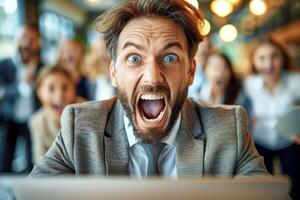 Angry businessman screaming in front of his colleagues in a conference room. photo