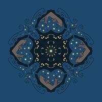 Mandala. Relaxed cat looking at the stars. Background Color Blue. vector
