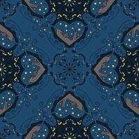 Seamless pattern. Mandala. Relaxed cat looking at the stars. Background Color Blue. vector