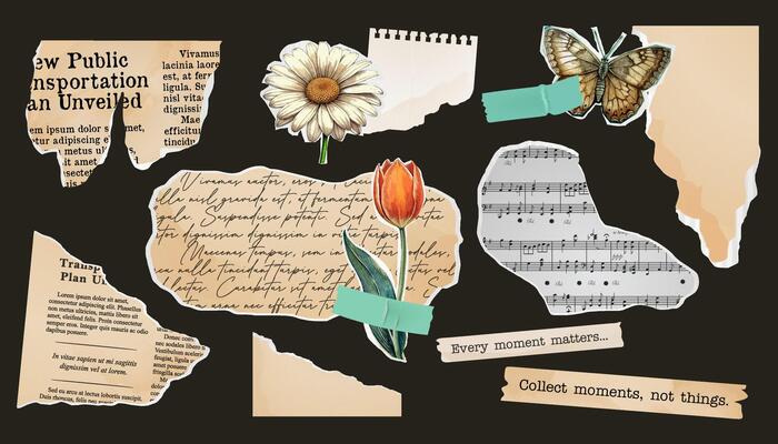 A set of torn paper, a collage of notebook sheets, an old newspaper. stamp butterfly and flower, vintage scrapbook. Paper cut elements