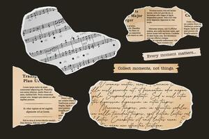 Set of torn paper, collage of notebook sheets, old newspaper, letter, music sheet vintage scrapbooking. Paper cut out elements vector