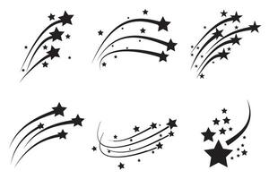 Shooting stars icon set. Abstract silhouette of shooing star. Flying comet with tail. Meteorite and comet symbols. Star tail symbol. Abstract galaxy element. illustration. vector