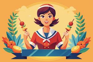 A woman is smiling as she holds two skewers of food in her hands vector