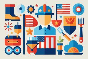 A man wearing a hard hat is depicted with various icons around him vector