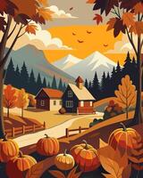 Autumn landscape painting with pumpkins and a house in the background vector