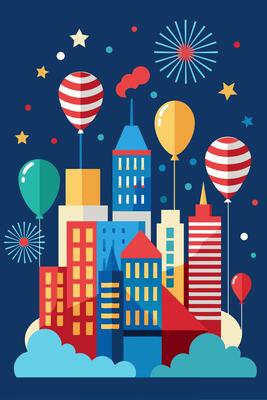 This illustration depicts a vibrant city with balloons and fireworks