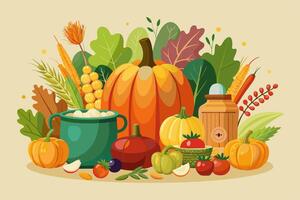 There are various veggies and fruits on the table vector