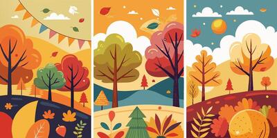 A collection of three autumnthemed posters featuring trees and leaves vector
