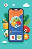 A cell phone with a salad on the screen surrounded by fruits and vegetables vector