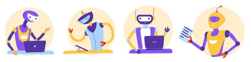 Robots, chat-bots set, flat illustration. Ai - artificial intelligence. Future concept. vector