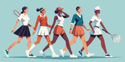In a line, a collection of females are strolling while clasping hands together vector