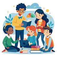 Diverse students collaborate on a project, learning from each other in an educational setting vector