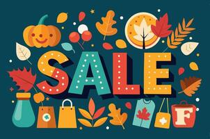 The word sale is set in the midst of autumn leaves and pumpkins vector
