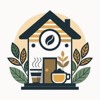 There is a house situated amidst a cup of coffee and leaves scattered around it vector