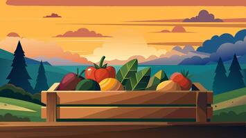 Wooden box with fresh fruits and vegetables arranged on table vector
