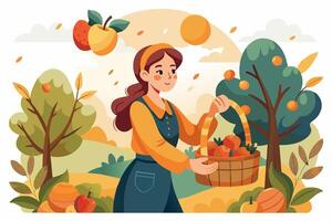 A woman is happily picking apples from a tree in an orchard vector