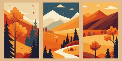 Set of three mountain landscape illustrations with trees and road vector