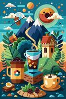 A cup of coffee with a mountain in the background vector