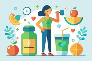 A woman is enjoying a healthy smoothie and working out with a dumbbell vector