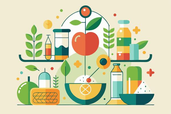 Balance between fruits and vegetables in a colorful illustration