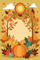 Pumpkin surrounded by leaves and trees, creating a beautiful fall scene vector