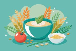 A bowl of soup with a spoon in it surrounded by vegetables on a table vector