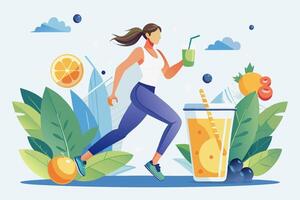 A woman is joyfully running while holding a cup of juice in her hand vector