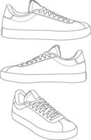 Shoes sneaker outline drawing, Sneakers drawn in a sketch style, black line sneaker trainers template outline, Shoes Isoated vector