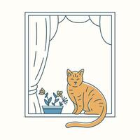 Cute Cat with Flower Behind House Window Curtains vector