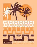 Illustration in graphic style of composition of coconut trees and graphic representation of the sidewalk on Ipanema beach, Rio de Janeiro, Brazil. vector