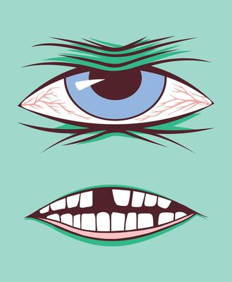Cartoon style illustration of monster face in close-up.