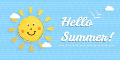 Hello Summer - the sun with clouds on blue background vector