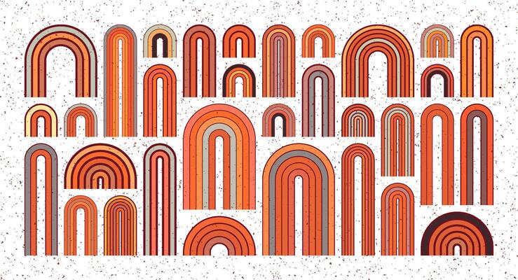 Mid century arch elements, modern geometric shapes, grunge rainbow. Contemporary design, minimalist art. Trendy design elements for wall decor, posters, books, covers and flyers. illustration