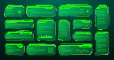 Green futuristic HUD, UI elements. Sci-fi user interface text boxes, callouts. Warning message frames, information boxes template. Modern game interface layout in digital style. illustration vector